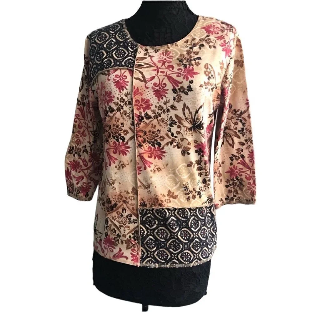 ALFRED DUMNER Women’s Blouse Top in Red Beige, Red, Black in Size: Medium